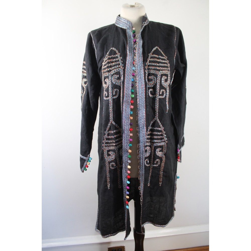 Maison du Caftan 1 S Black Embroidered Linen Duster Jacket Tunic Boho Coat